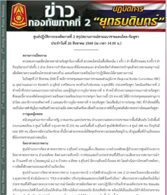 กองทัพภาค 2 แถลงสถานการณ์ชายแดน ล่าสุด 26 ส.ค. 68