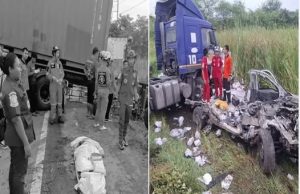 สลด! เทรลเลอร์ เสียหลักข้ามเลน ทับกระบะเหลือแต่ซาก สาวแม่ลูกอ่อนดับคาที่