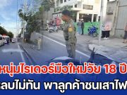 สุดสลด หนุ่มไรเดอร์มือใหม่วัย 18 ปี เพิ่งซื้อจยย.ใหม่เมื่อวาน ก้มดูเส้นทางในมือถือ หักหลบไม่ทัน พาลูกค้าชนเสาไฟฟ้าดับคู่