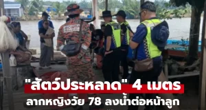 ช็อก! “สัตว์ประหลาด” ยาวเกือบ 4 เมตร พุ่งจากน้ำลากหญิงวัย 78 ลงจากเรือต่อหน้าลูก